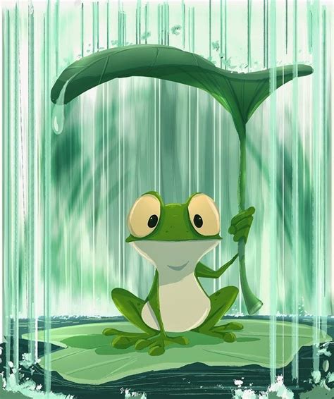 A Frog Sitting Under A Green Umbrella In The Rain