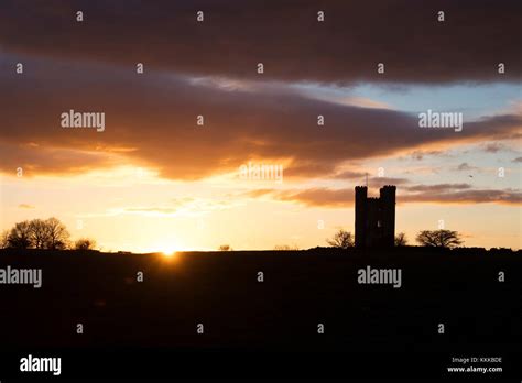 Broadway Tower Silhouette At Sunset Along The Cotswold Way In Late