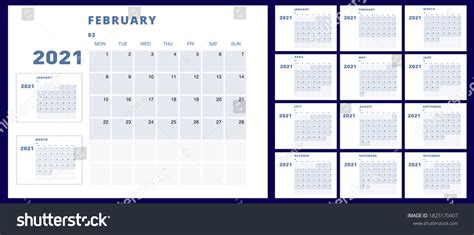 2021 Vector Calendar Week Starts Monday 库存矢量图（免版税）1825170407 Shutterstock