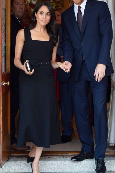 Meghan Markle Black Midi Dress With Belt Thecelebritydresses