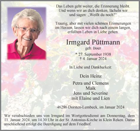 Traueranzeigen Von Irmgard P Ttmann Sich Erinnern De