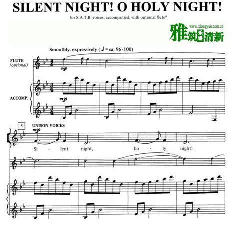 Silent Night O Holy Night 合唱谱 Satb四声部钢伴谱 长笛伴奏谱