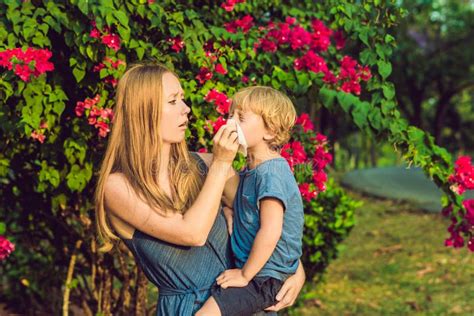 La Maman Regarde Son Fils Qui Est Allergique Au Pollen Photo Stock Image Du Médecine Fièvre