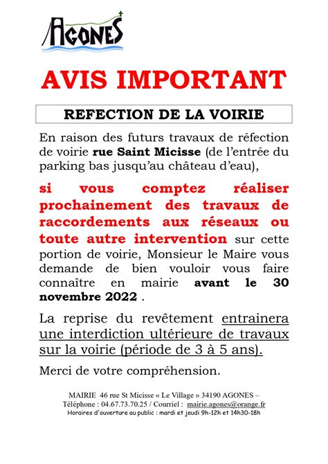 Avis De Travaux Voirie COMMUNE D AGONES