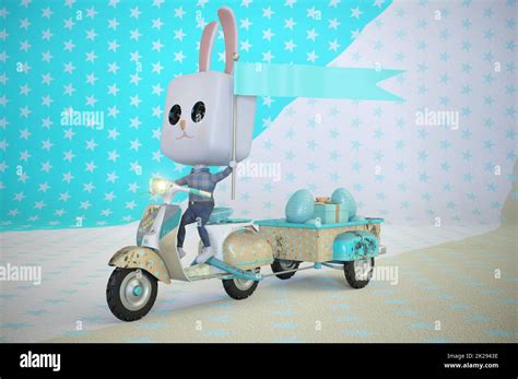 D Illustration Easter Bunny Rabbit Riding A Scooter Stock Photo Alamy