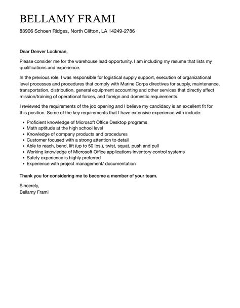 Warehouse Lead Cover Letter Velvet Jobs