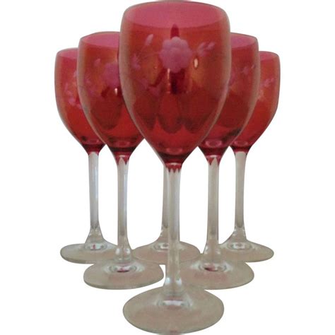 Set Of 6 Cranberry Glass Wine Glasses Stems Stemware Etched Flowers