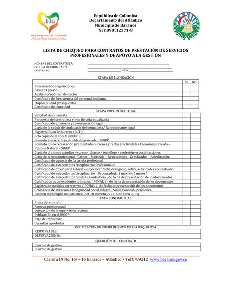 Lista de chequeos informe República de Colombia Departamento del