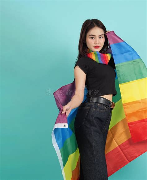 Lgbtq Girl And Pride Flag Lesbian Girl And Lgbt Flag Standing Blue Green Background Stock