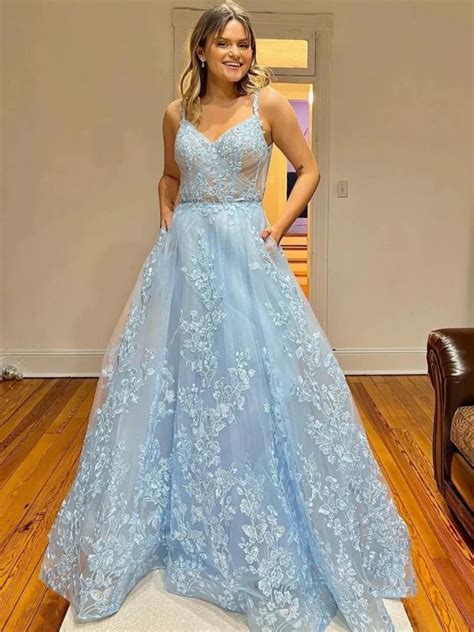 A Line V Neck Light Blue Lace Long Prom Dresses Light Blue Floral For