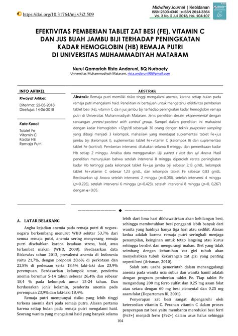 PDF EFEKTIVITAS PEMBERIAN TABLET ZAT BESI FE VITAMIN C DAN JUS