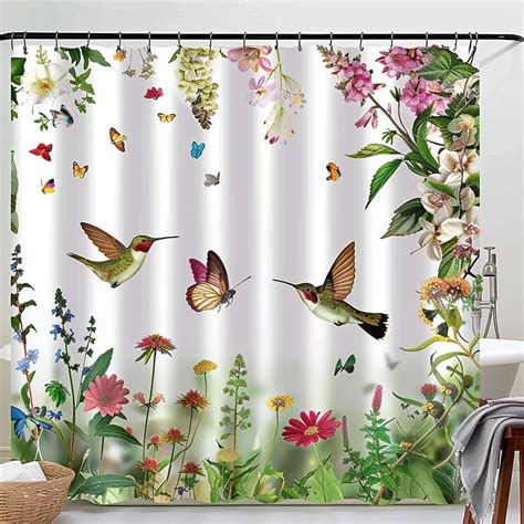 Hummingbirds Butterflies And Wildflowers Shower Curtain White Background