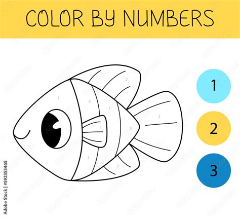 Color by numbers coloring book for kids with cute fish. Coloring page with cartoon fish ...