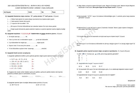 6 Sınıf Matematik 1 Dönem 1 Yazılı Soruları Pdf Hangisoru