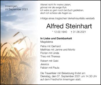 Traueranzeigen Von Alfred Steinhart Schwaebische De Trauerportal