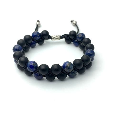 Bracelet Double Perle Onyx Et Lapis Lazuli Mixte Homme Femme Shamballa