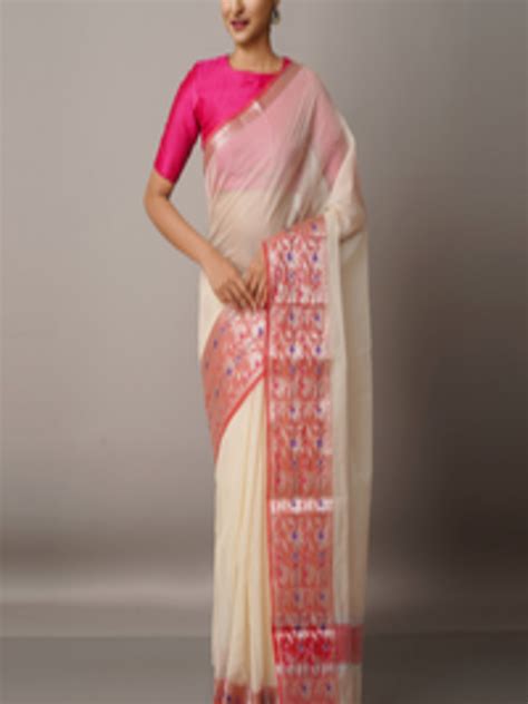 Buy Unnati Silks Cream Coloured Red Zari Silk Blend Kota Saree