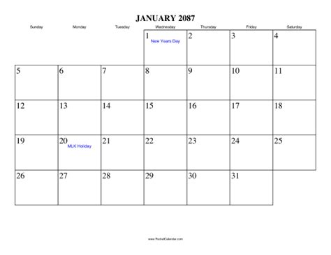 January 2087 Calendar