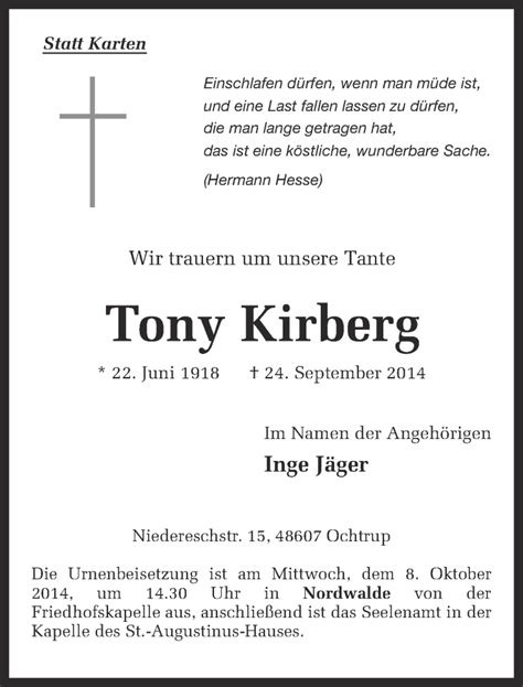 Traueranzeigen Von Tony Kirberg Trauer Ms