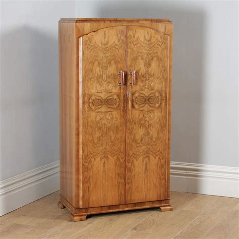 Small Antique English Art Deco Burr Walnut Two Door Armoire Wardrobe