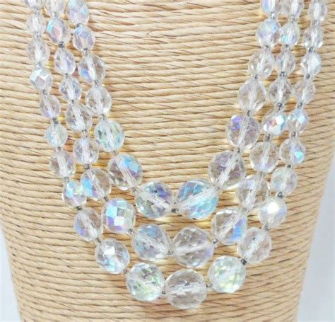 Aurora Borealis Crystal Necklace 19 Inch Triple Strand Multi Faceted