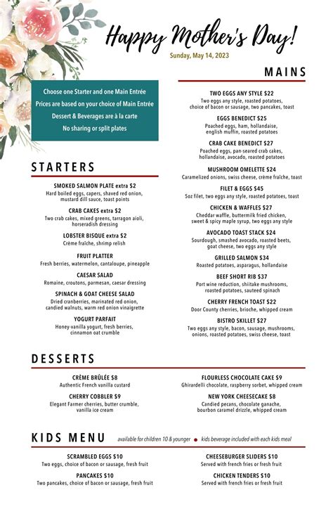 Mothers Day Menu - North Star American Bistro Restaurant & Catering