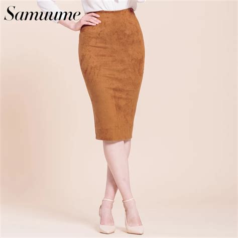 Samuume Sexy Suede Midi Pencil Skirt Women Fashion Elastic High Waist