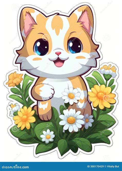 Cartoon Sticker Cute Kitten With Flowers Ai Stock Image Image Of