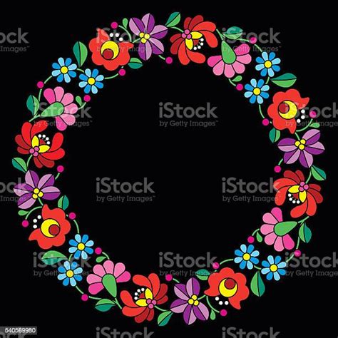 Kalocsai Embroidery In Circle Hungarian Floral Folk Pattern Stock