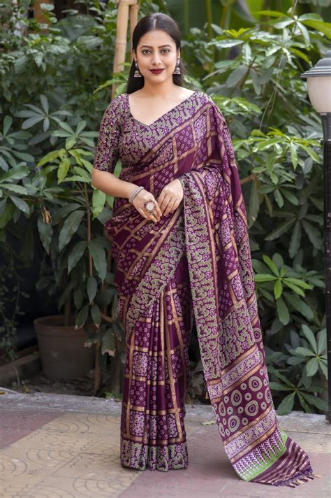 Buy Online Ajrakh Printed Silk Saree Purple Af