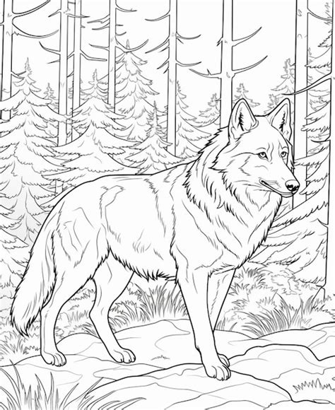 Uma página para colorir de um lobo na floresta generativa ai Foto Premium