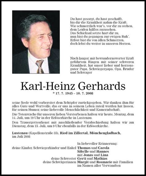 Todesanzeigen Von Karl Heinz Gerhards Todesanzeigen Vorarlberger