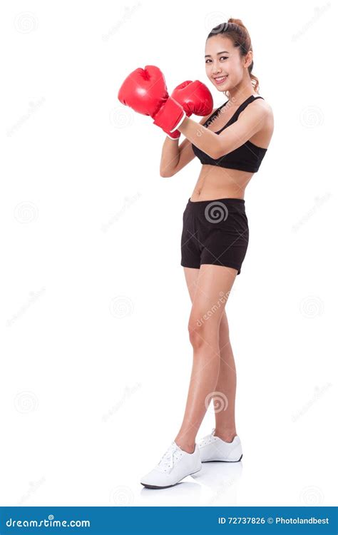 Boxer Full Length Fitness Woman Boxing Wearing Boxing Red Gloves