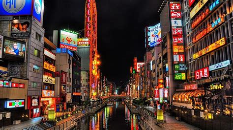 Cities Night City Building Light Japan Osaka Canal HD