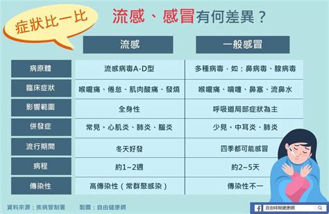 健康網》流感和感冒差在哪？ 一張圖讓你搞懂怎麼分辨 自由健康網