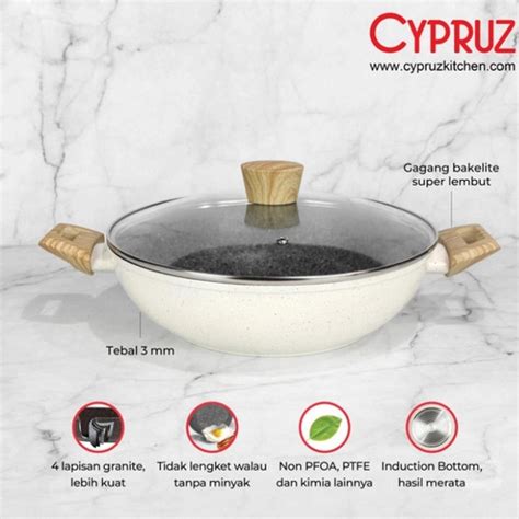 Jual Cypruz White Granite Wok Pan Kuali Tebal Anti Lengket Tutup