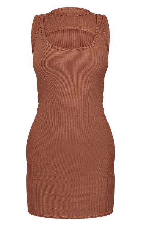 Chocolate Ribbed Sleeveless Layered Bodycon Dress Prettylittlething Usa