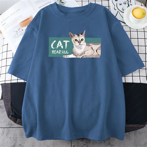 Cartoon Cat Print T Shirts Women Summer Short Sleeve Loose O Neck