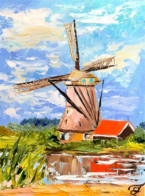 Windmill Painting Dutch Landscape Original Art Red Barn Small Etsy Painting Landscape