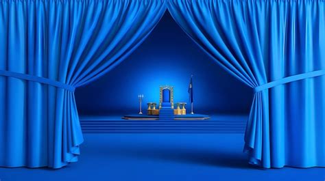 Beautiful Blue Curtain Opening On Blue Background Welcome Stage Opening