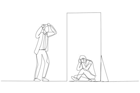 Premium Vector | Drawing of businessman panic look into mirror seeing depressed self single ...