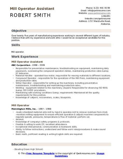 Mill Operator Resume Samples Qwikresume