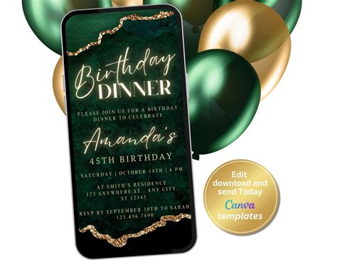 Digital Emerald Green And Gold Birthday Dinner Invitation Agate Invite Phone Text Message