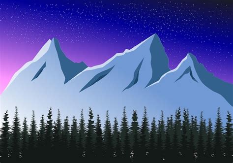 Vector Paisaje Nocturno Con Montañas Y Estrellas Del Bosque Vector