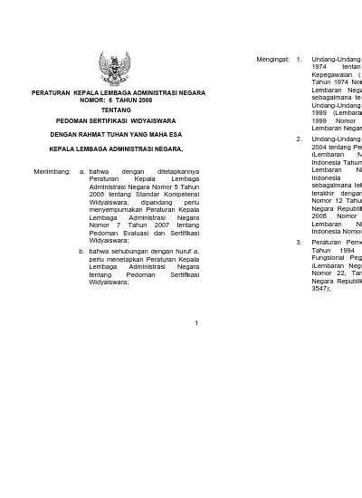 PERATURAN KEPALA LEMBAGA ADMINISTRASI NEGARA NOMOR 6 TAHUN 2008