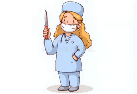 Cheerful Blonde Chibi Surgeon In Light Blue Scrubs Holding A Scalpel Isolated On White