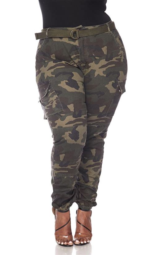 Plus Size Belted Olive Camouflage Cargo Jogger Pants