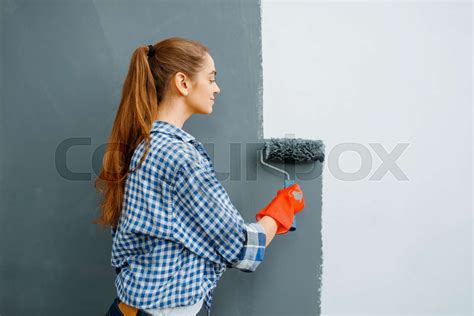 Cheerful Female House Painter Paints Walls Indoor Stock Image Colourbox