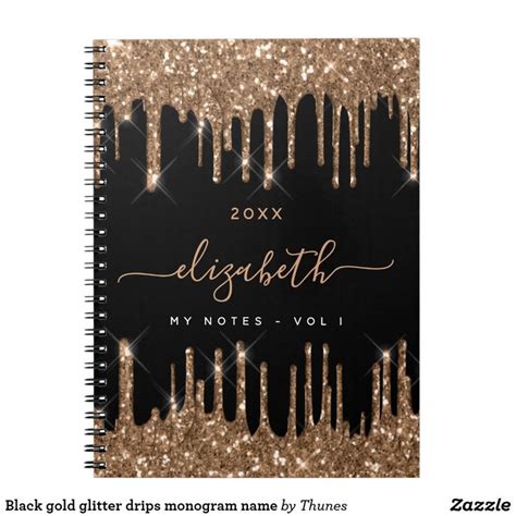 Black Gold Glitter Drips Monogram Name Notebook Zazzle Gold Glitter