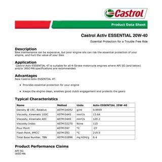 4T CASTROL GO 20W 40 SAE 40 ACTIV ESSENTIAL 1L 1 LITRE API SG JASO